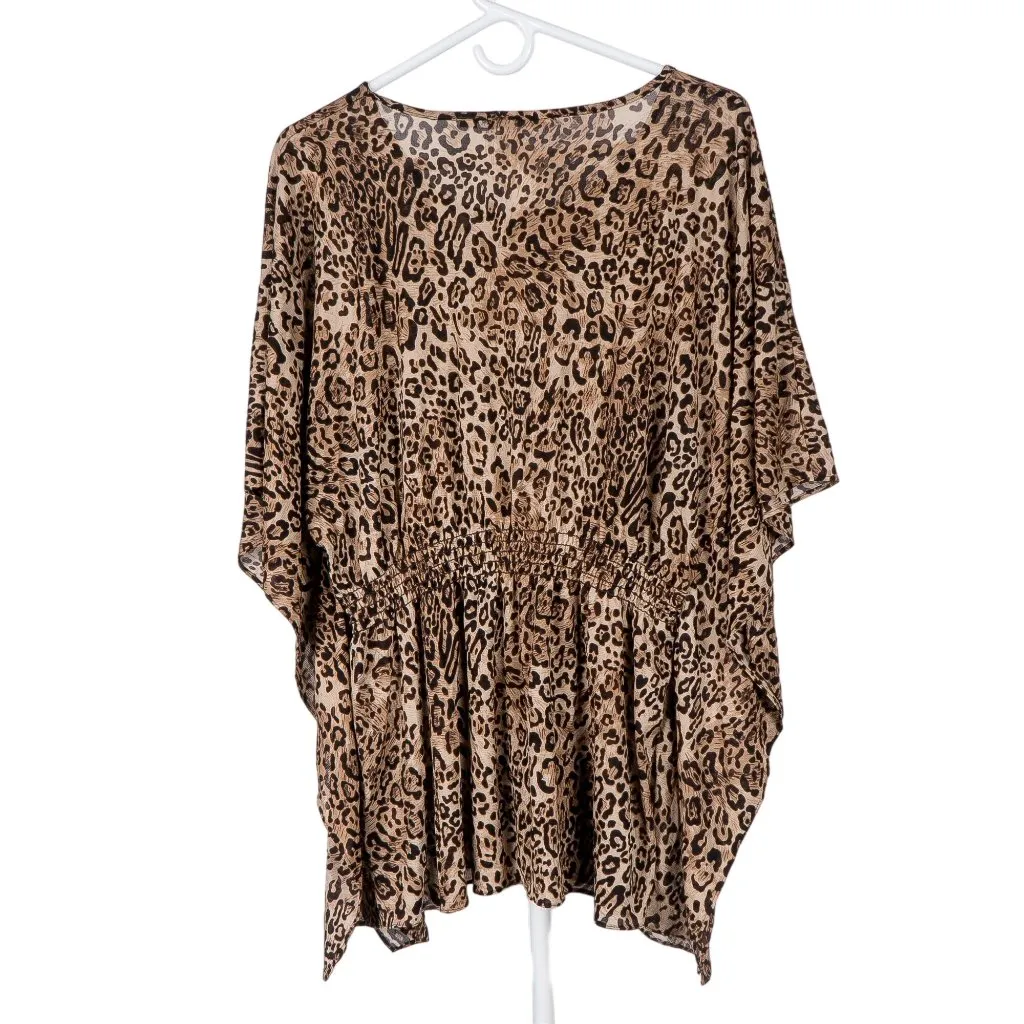 NY Collection Leopard Print Shirt S Womens Brown Flutter Sleeve Smocking Stitch - Image 5