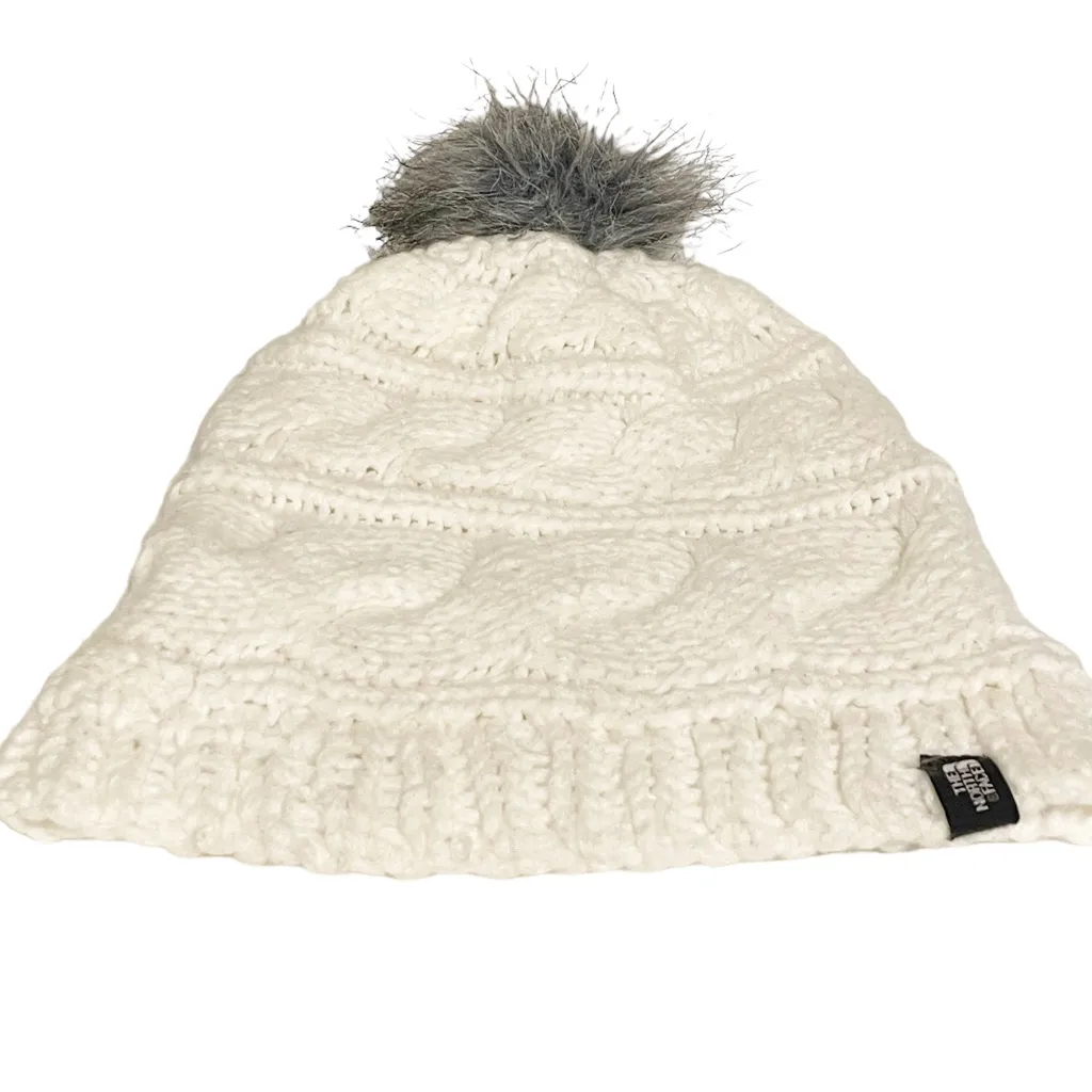 Northface Womans White Cable Thick Knit Pom Pom‎ Beanie Hat - Image 2
