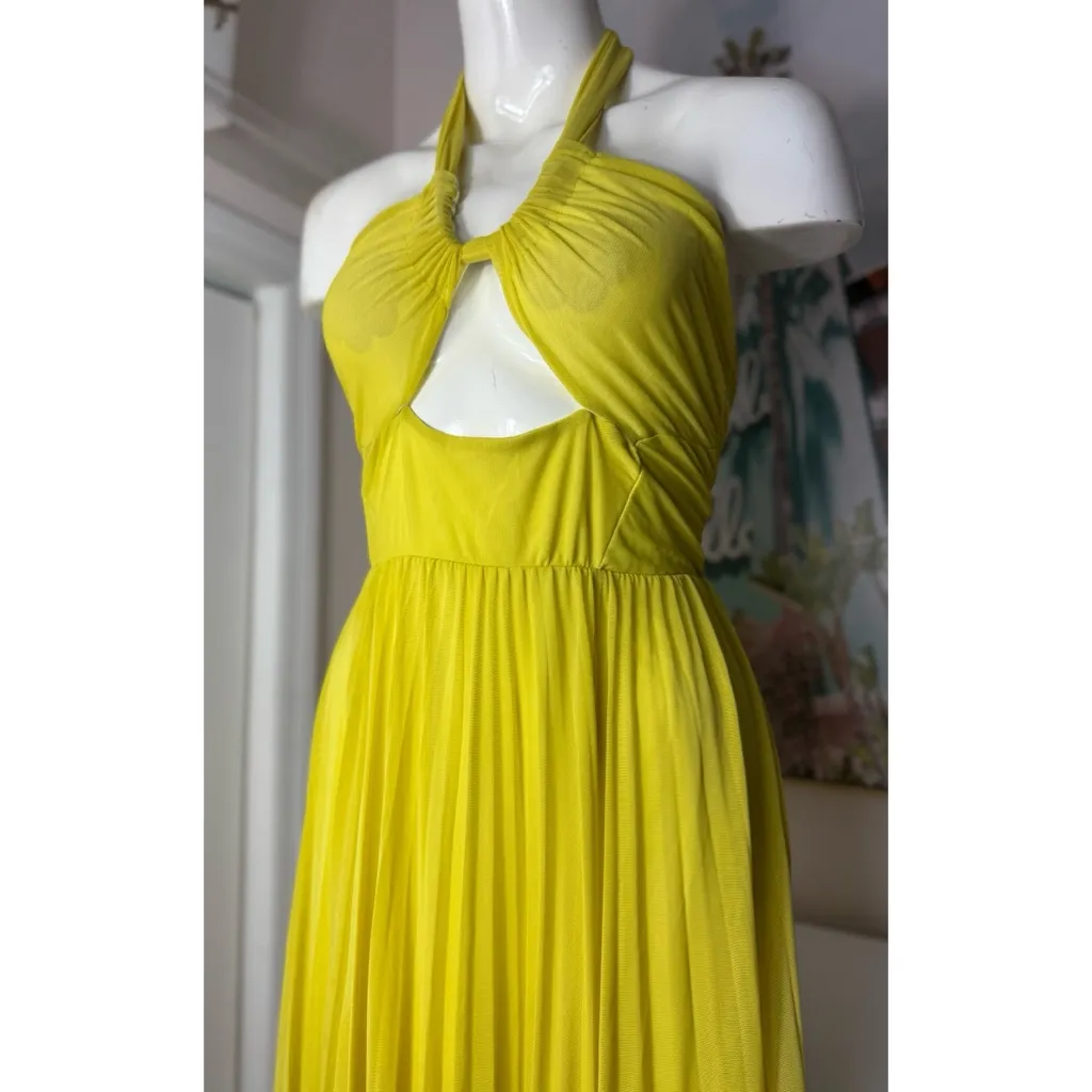 ASOS Design Lime Yellow Halter Pleated Mesh Maxi Gown Cut Out Dress Sz 10 - Image 5