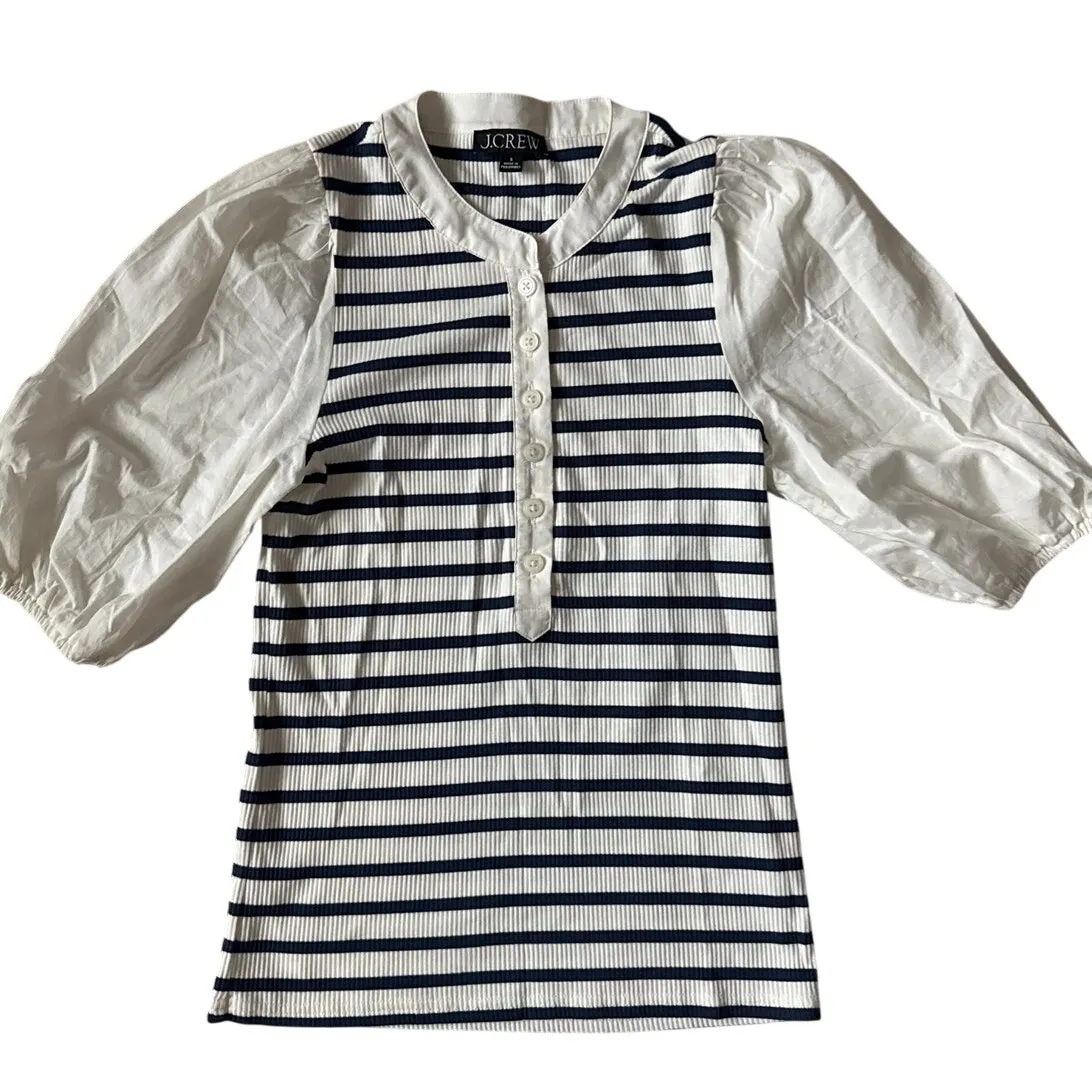 J. Crew Vintage Rib Puff Sleeve‎ Henley Top White Blue Size Small - Image 5
