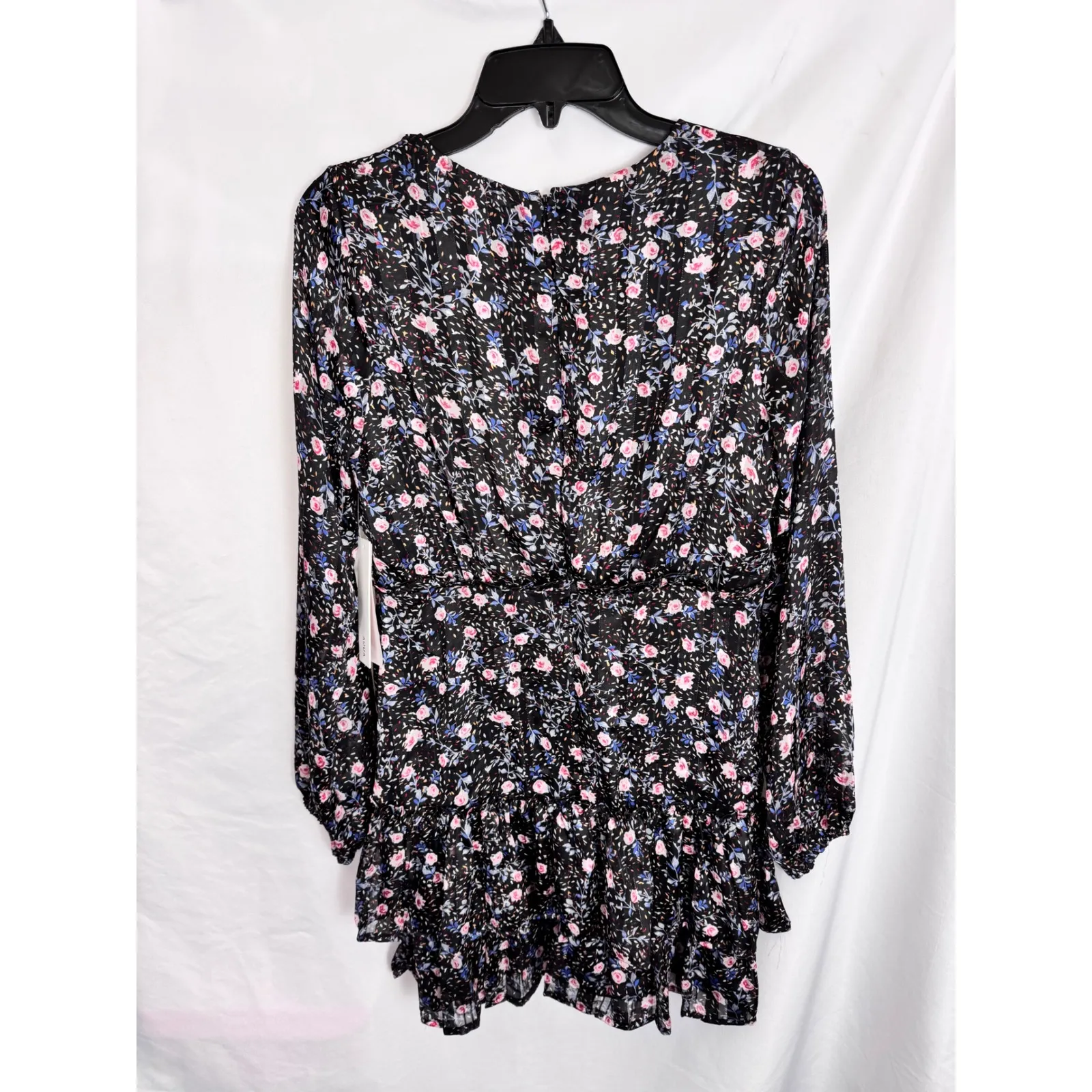 Aqua Floral‎ Print Mini Dress Long Sleeve Ruffle Hem  M - Image 8