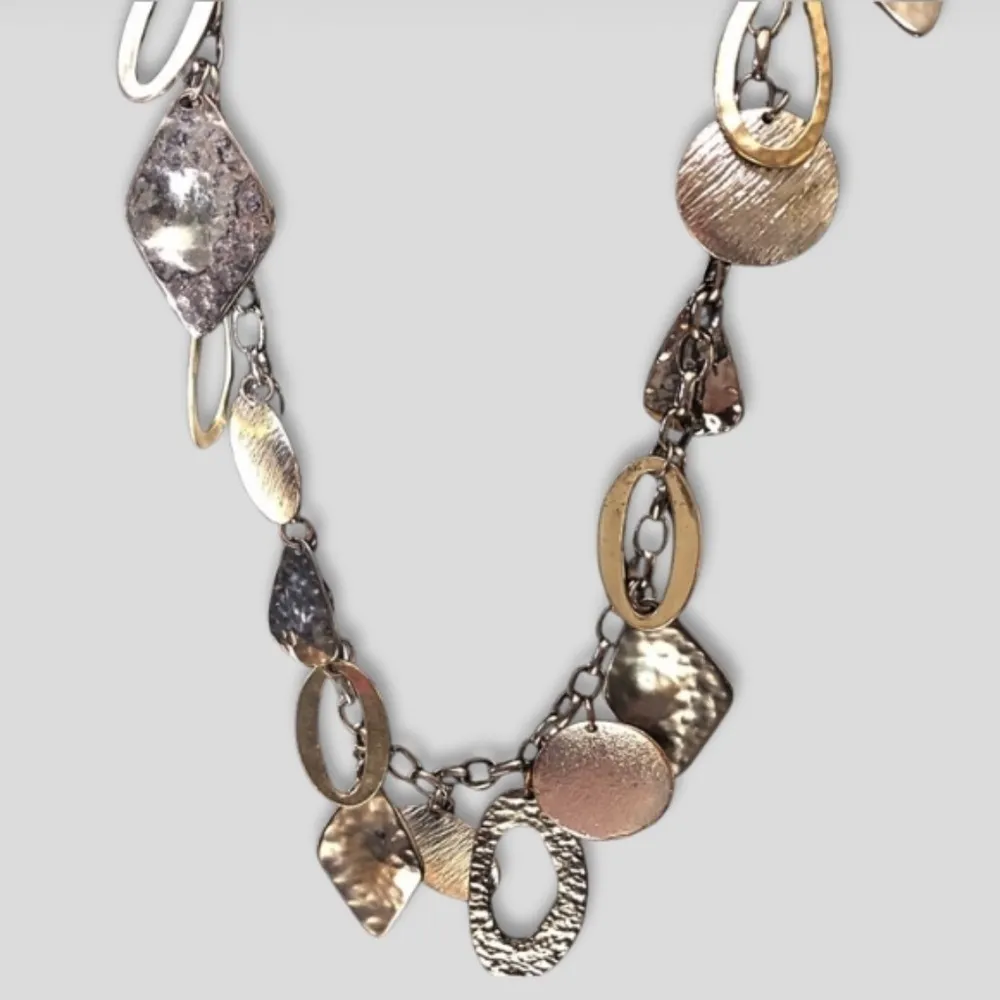 Vintage Mixed Metal Long Chain Necklace Clip On Earrings Set Silver - Image 3