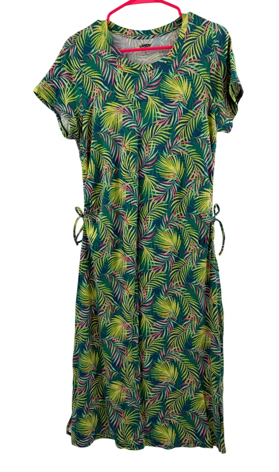Lands' End Dress SZ Medium Jersey Palm Leaf Short Sleeve Ruched Side Midi/Maxi - Image 1