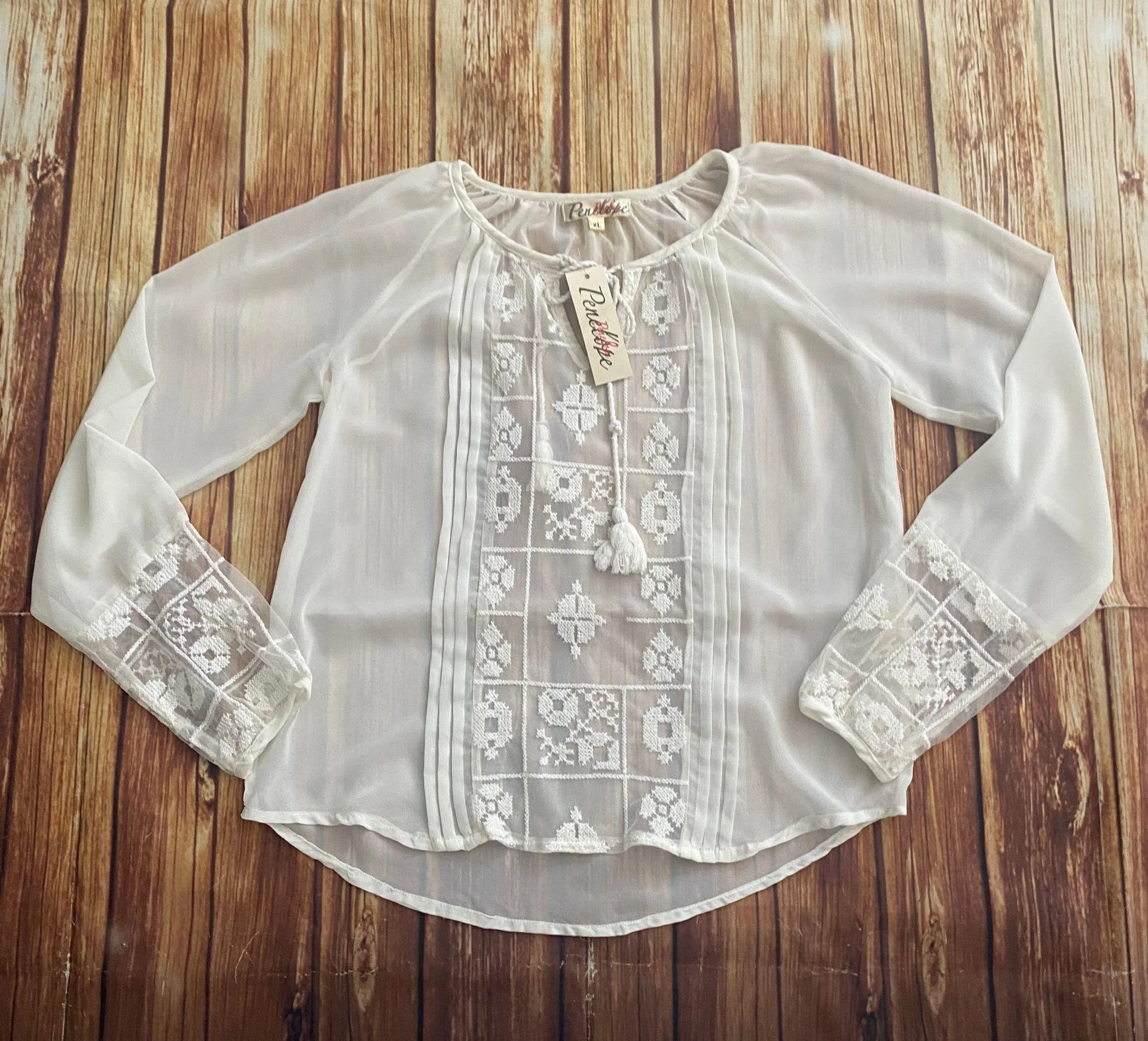 Penelope Chiffon Sheer Ivory Blouse Sz L White Size L - Image 5