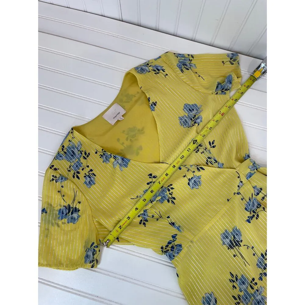 Cinq À Sept Wrap Floral Dress Yellow & Blue Short Sleeve Asymmetrical Ruffle 4 - Image 3