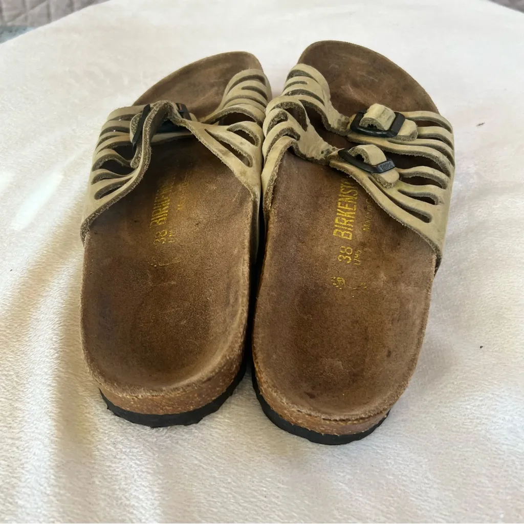 Birkenstock Sandals Size 38 (7) Granada Soft Footbed Slides Cream Leather Buckle - Image 2