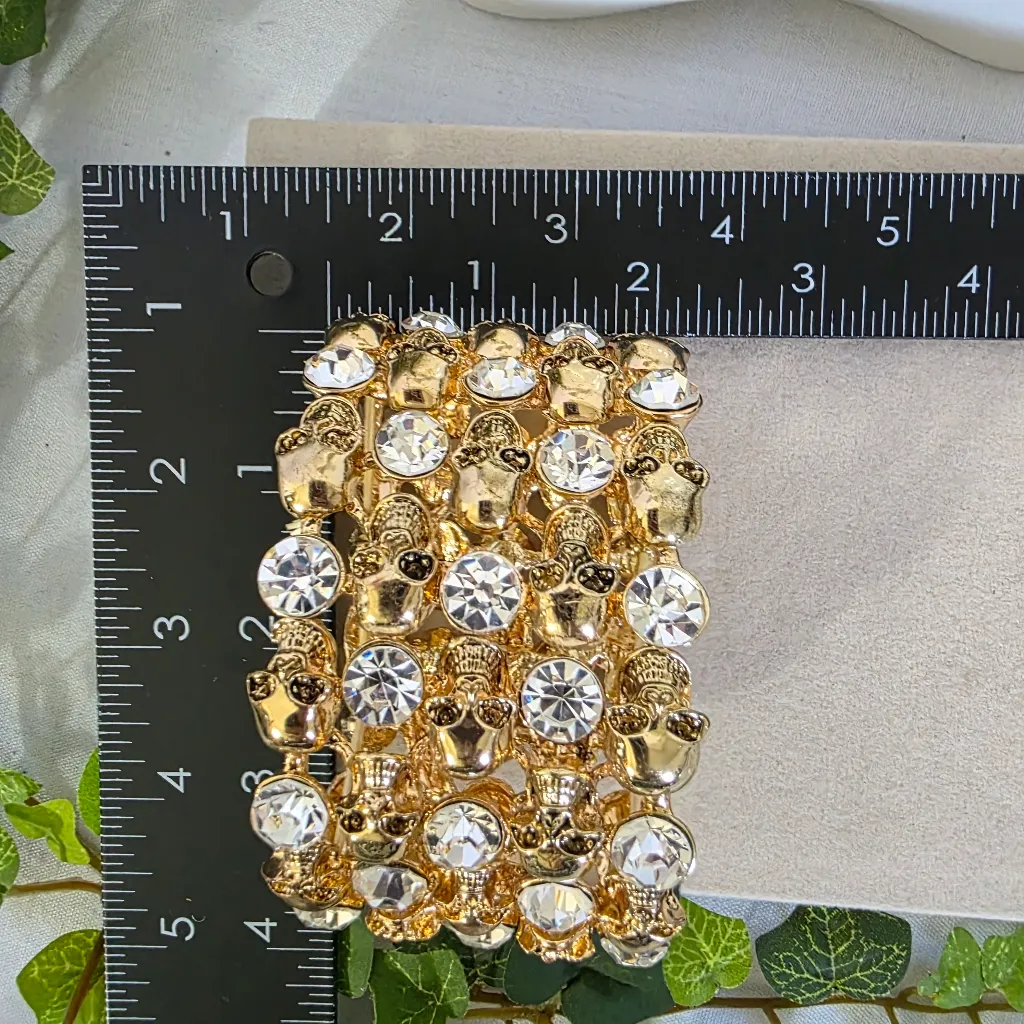 Statement Gold Stretch Bracelet Skulls and Cubic Zirconia - Image 8