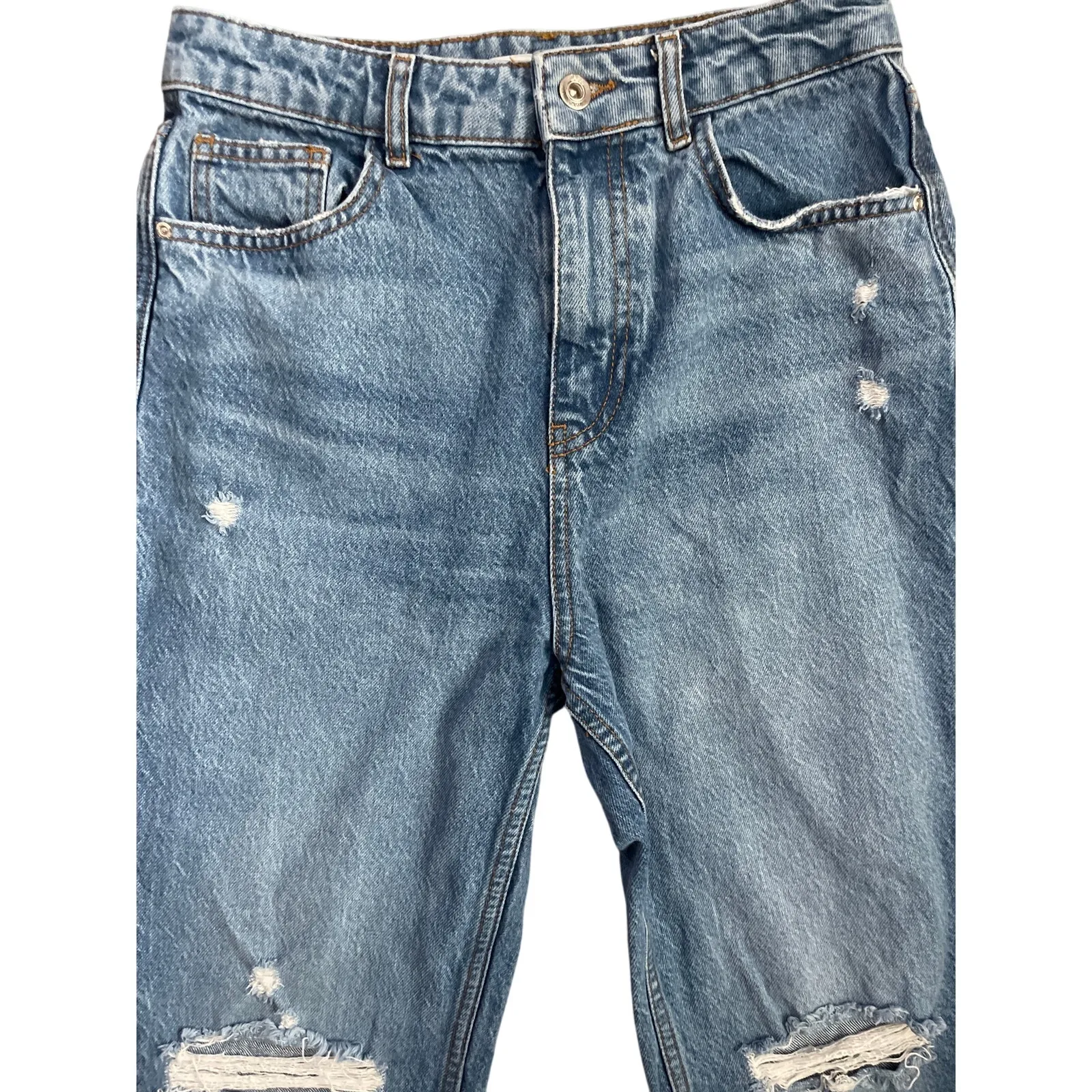 Zara Denim Ripped Mom Fit High Rise Frayed Hem Ankle Medium‎ Wash Jeans Size 6 - Image 4