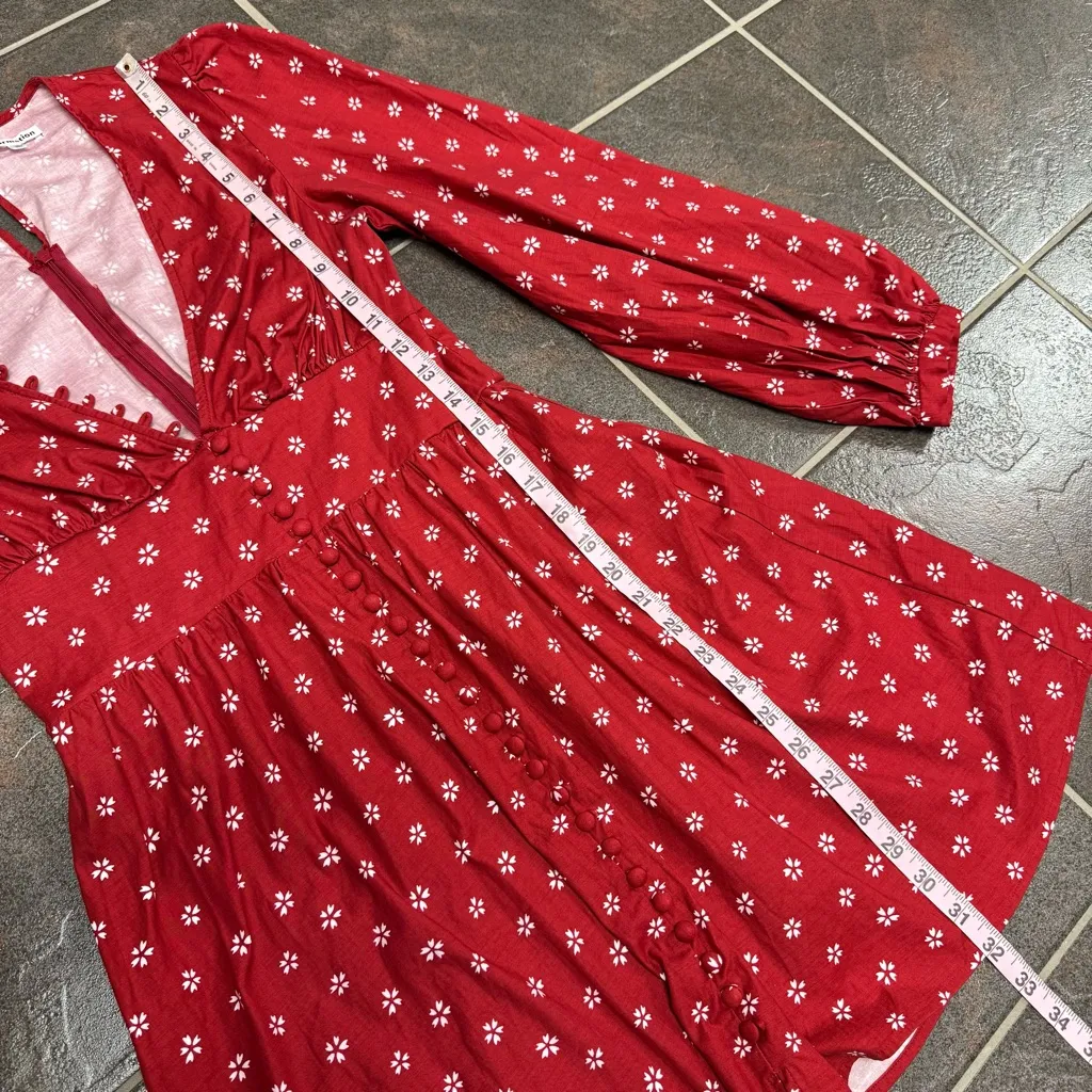 Reformation Caitie Long Puff Sleeve Mini Dress Deep V-Neck Floral Nigella Red 8 - Image 16