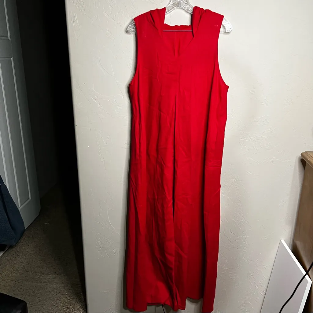 Aakasha Raspberry Red Linen Front Pleated Hood Sleeveless Lagenlook Maxi Dress Size XL - Image 5