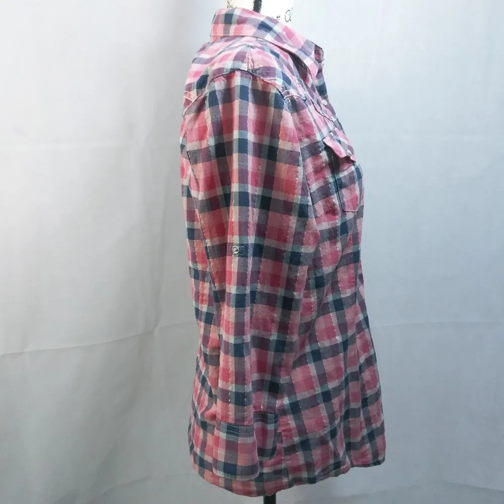 Wrangler Pink Blue Plaid Pearl Button Snap Western  Button Up M - Image 5