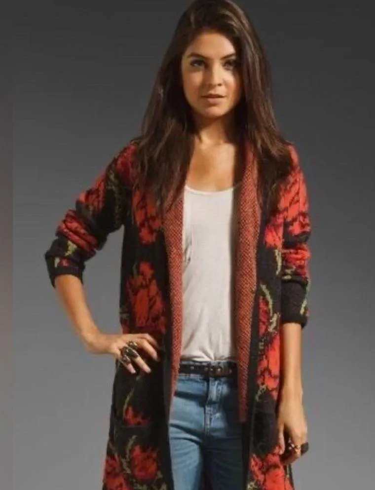 Free People Flower Power Orange Floral Knit Cardigan Boho Sweater Small in GUC - Image 13