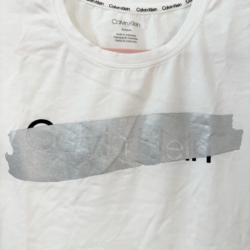 Calvin Klein White Tee with Metallic Silver Accent Medium - Image 2
