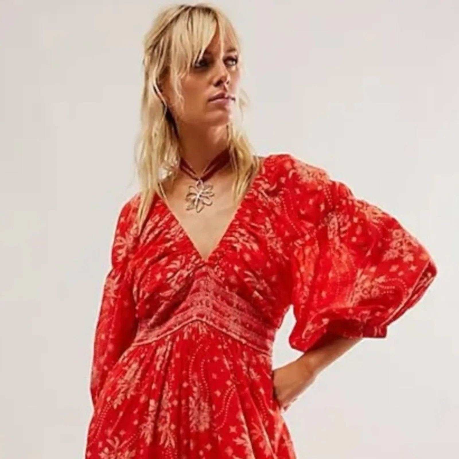 Free People Golden Hour Maxi Dress Cherry Red XL Bohemian Gypsy Retro 70s - Image 12