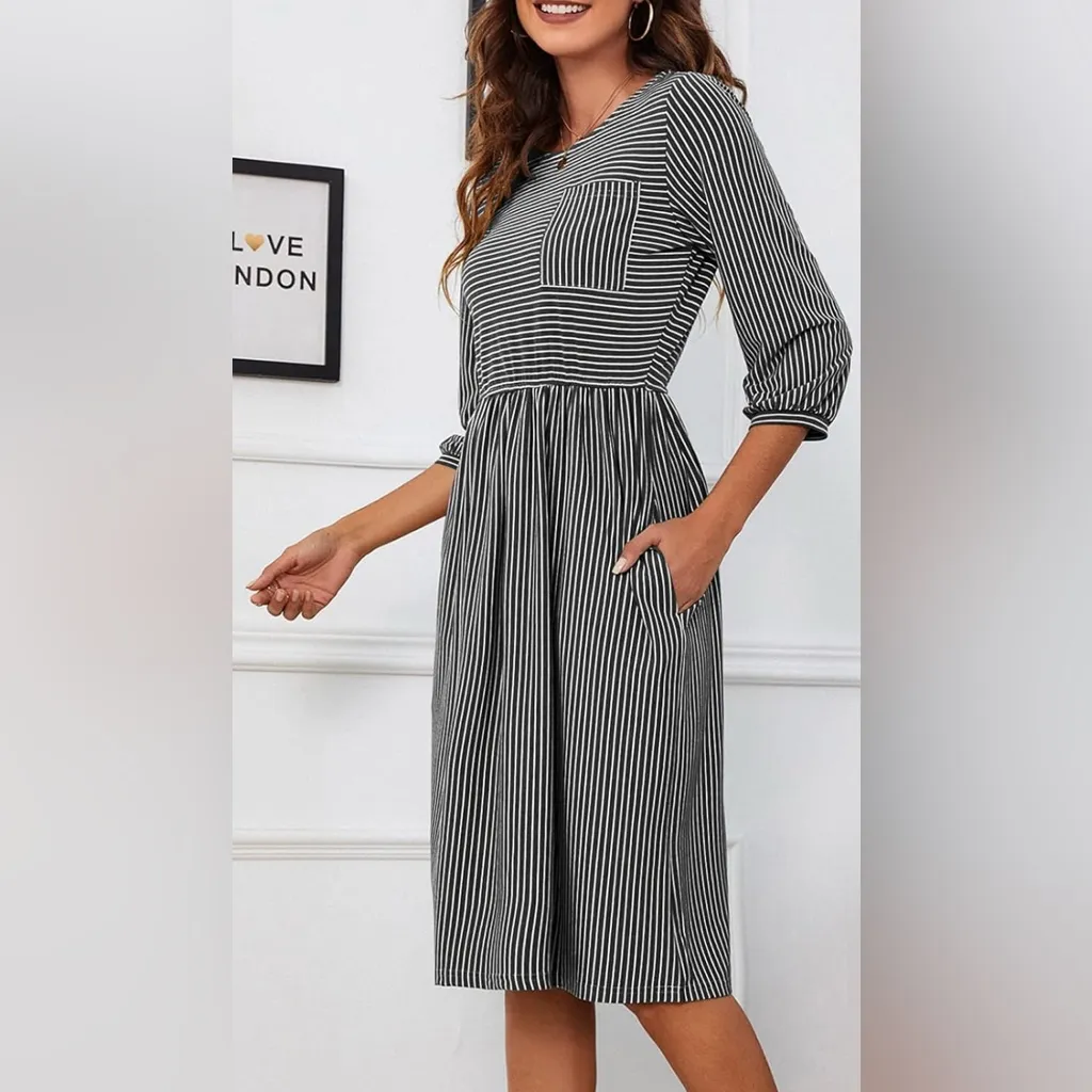 MEROKEETY Elegant Gray and White T-Shirt Striped Midi Dress,Size XL,NWT - Image 4
