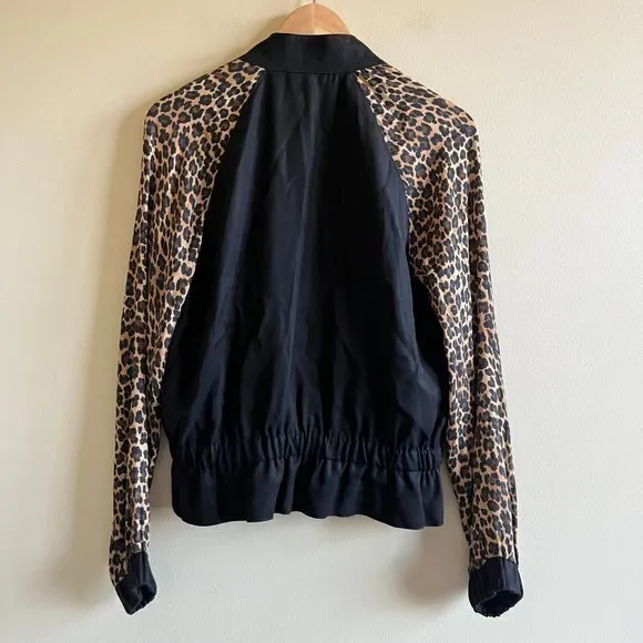 Three Dots Leopard Print Bomber Jacket - Black/Camel‎ Full Zip Up Womens Size XS - Image 6