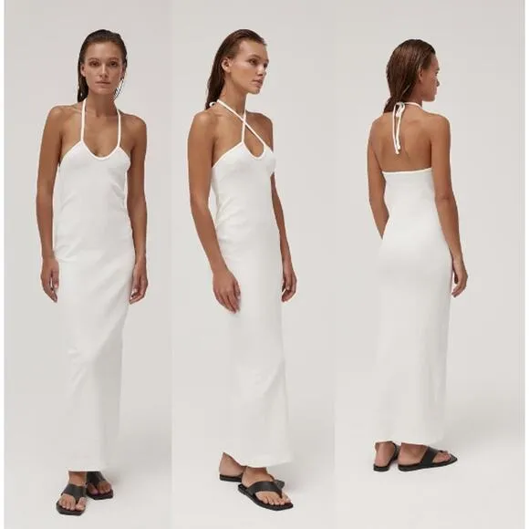 Bazilika Slim Fit Sleeveless Halter Neck Ribbed Maxi Tank Dress White Women's XS - Image 2