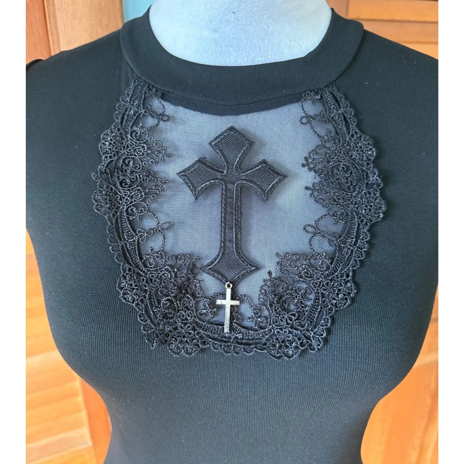 Gothic Lolita EGL Victorian Punk Black Midnight Prayer Cross Lace Trim Top M Size M - Image 2