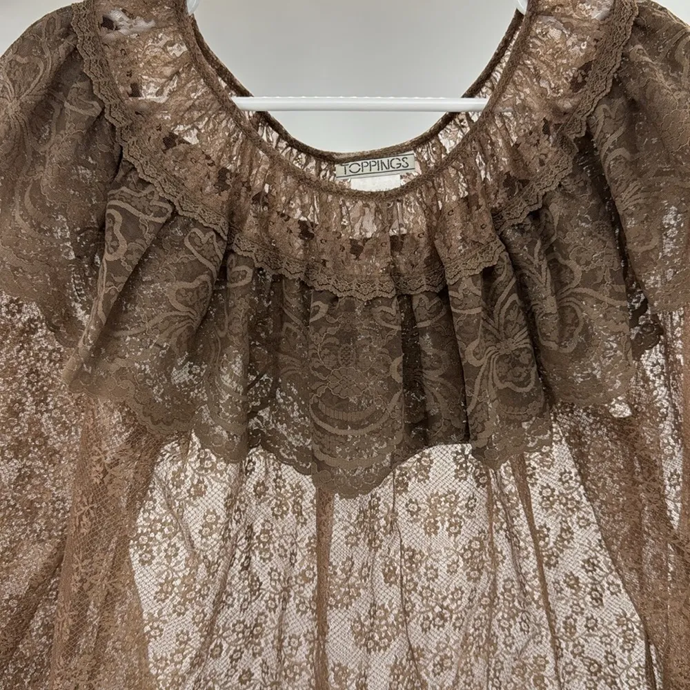 Vintage Toppings sheer Brown Lace Ruffle Top new deadstock boho lace 12 nylon - Image 7