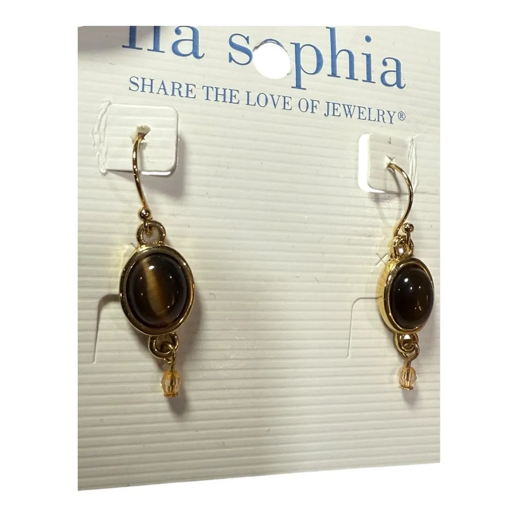 Lia Sophia “Butterscotch” Tiger’s Eye Bead Gold Tone Drop Earrings • NWT Card - Image 2