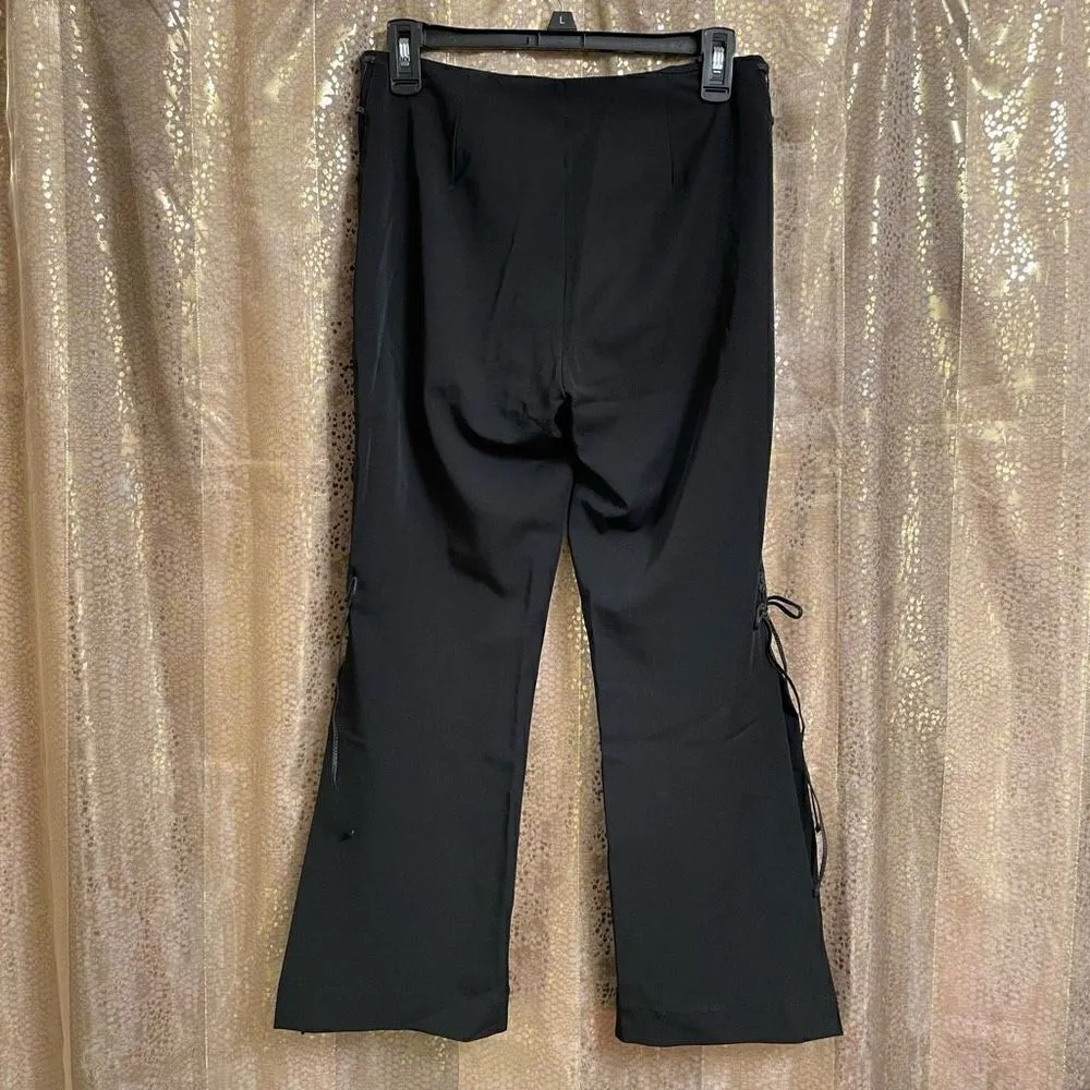 Retro Black Lace Up Side Tie Slit Pants, Small - Image 2