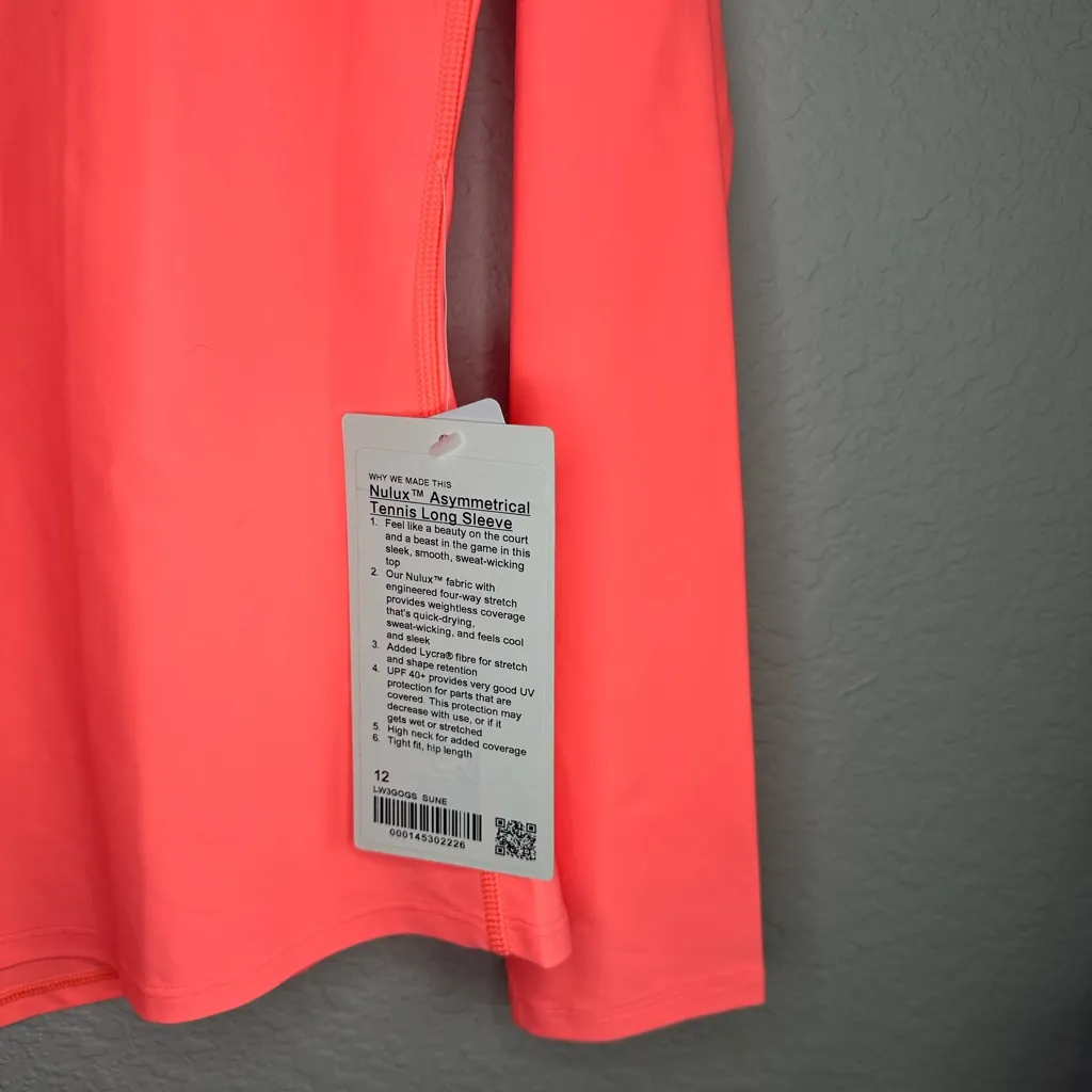 🧡🆕Lululemon Neon Orange Nulux Asymmetrical Tennis Long Sleeve Shirt ✨NWT✨ - Image 7