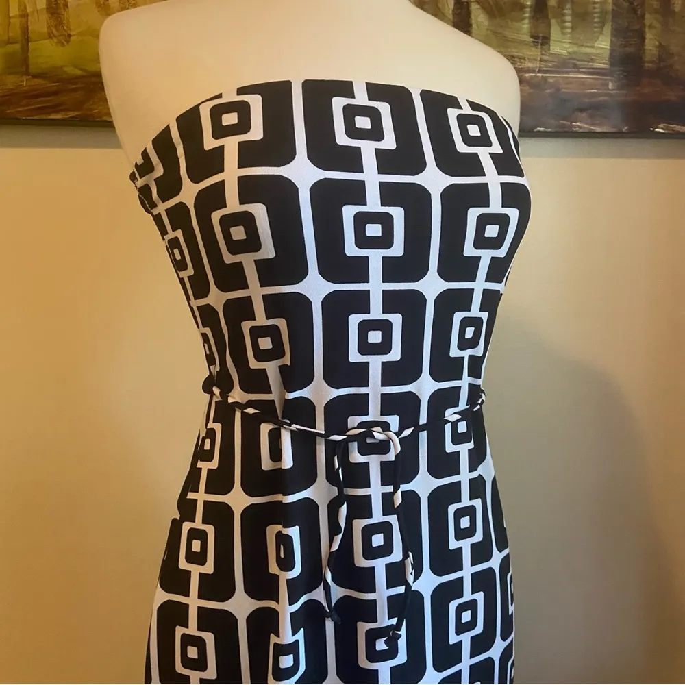 Y2K ENT Mod Geometric Print Strapless Mini Dress Bandeau Medium M VTG Vintage Black - Image 2