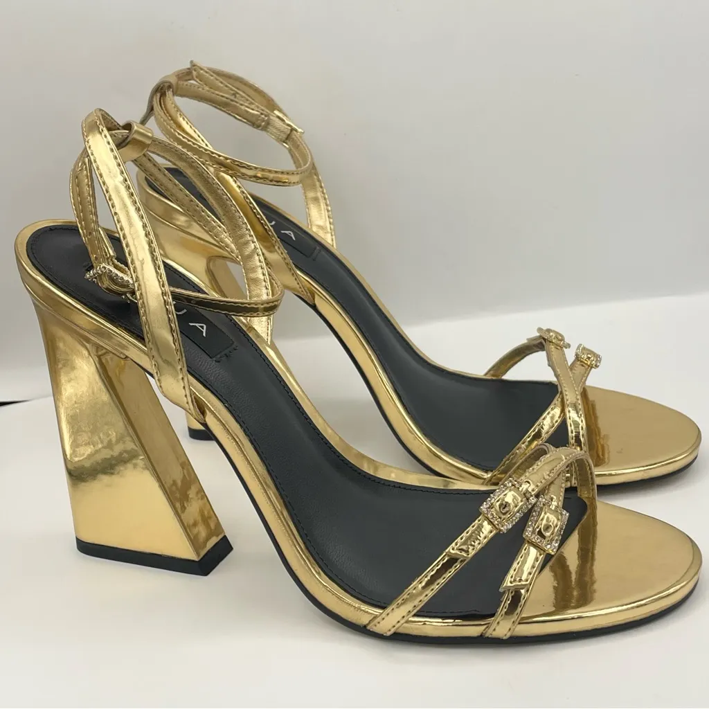 Aqua gold metallic patent leather heel sandals women’s Size 9B- Bloomingsdales - Image 4