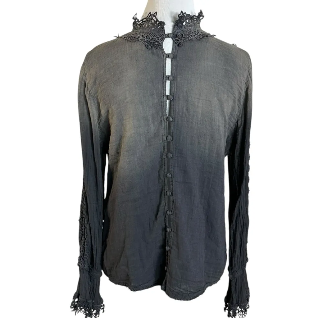 Free People FP One Witchy Edwardian Crochet Lace Blouse Size Medium Ombre Black - Image 8
