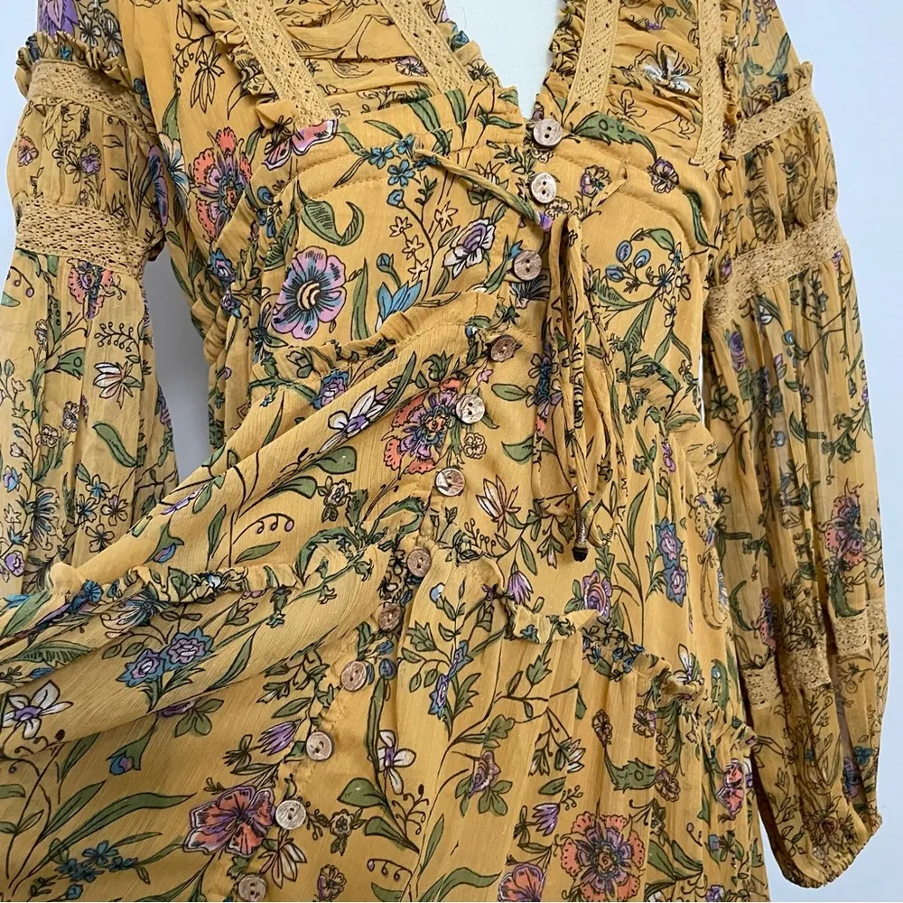 Free People Dress Cassis Midi Maxi Floral Lace Tiered Lined Boho Mustard Yellow - Image 5