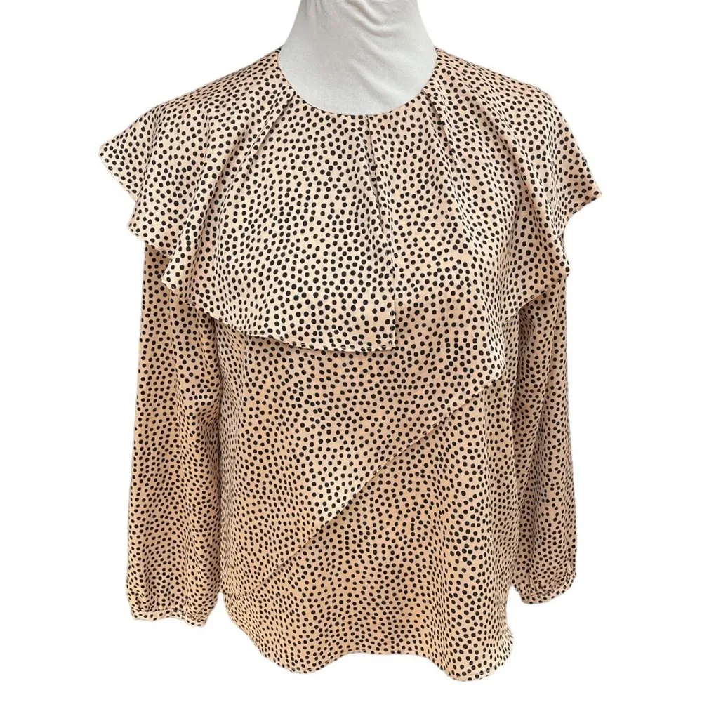 Zara Basic Double Frill Polka Dot Silk Effect Blouse Tan Black Size Medium - Image 7