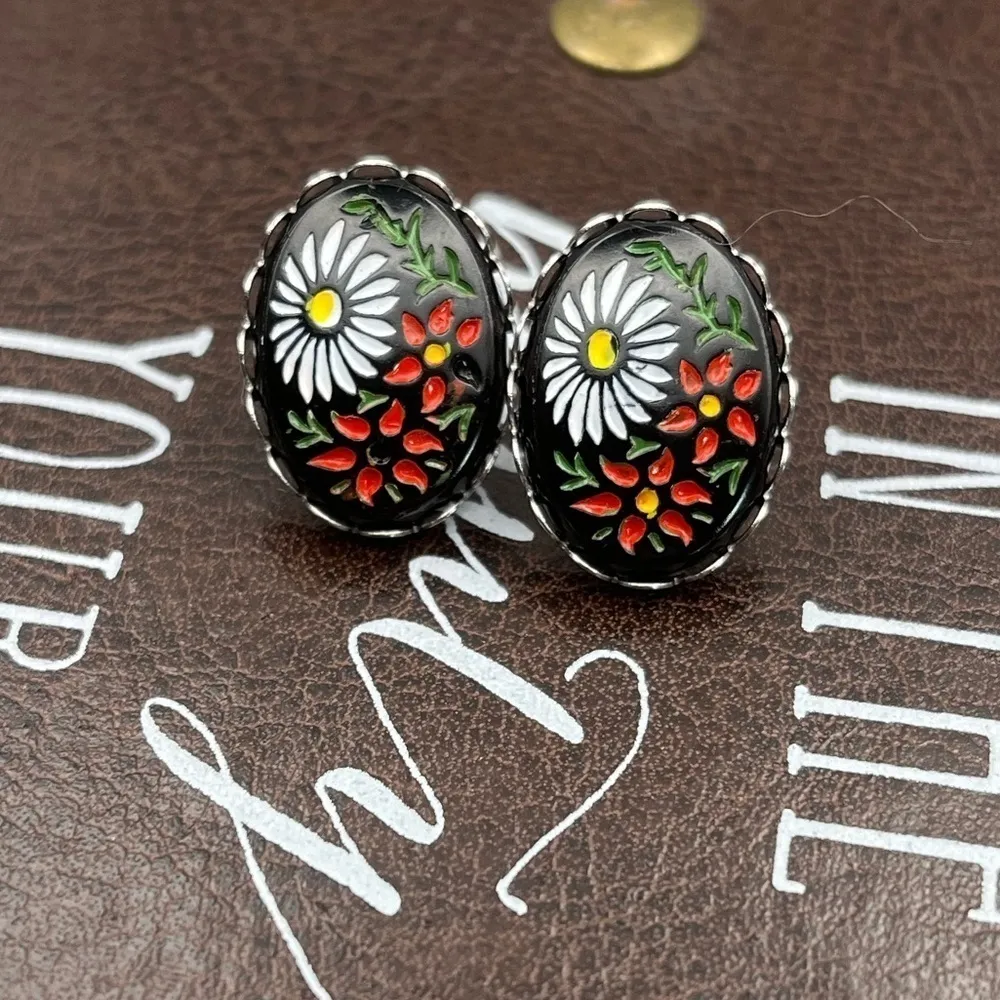 Handmade Earrings w/ Vintage Floral Cabochons Daisy Red Black Stainless Steel - Image 11