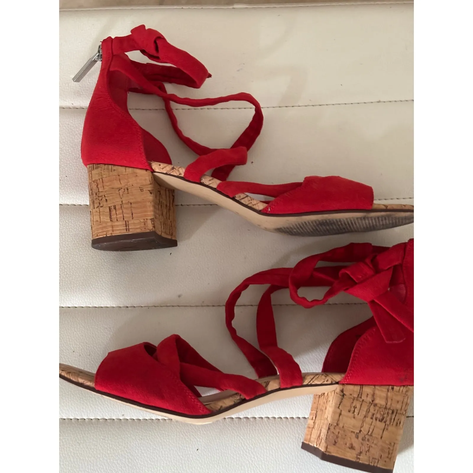Nine West Red Suede Lace Up Cork Block Heel Sandals Women's Size 7.5 - Image 5