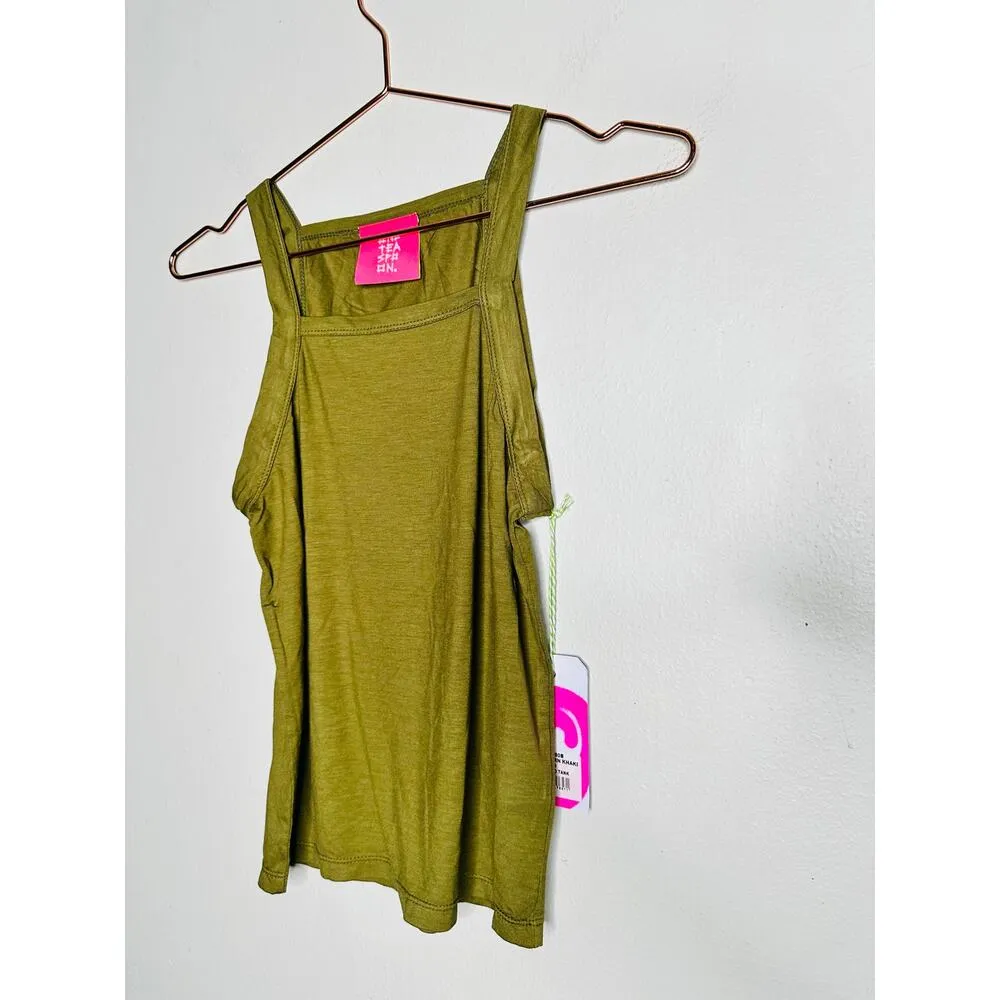 ONE TEASPOON Worn Khaki Olive Green Miami Bamboo Logo Tank Top Size Medium NWT - Image 3