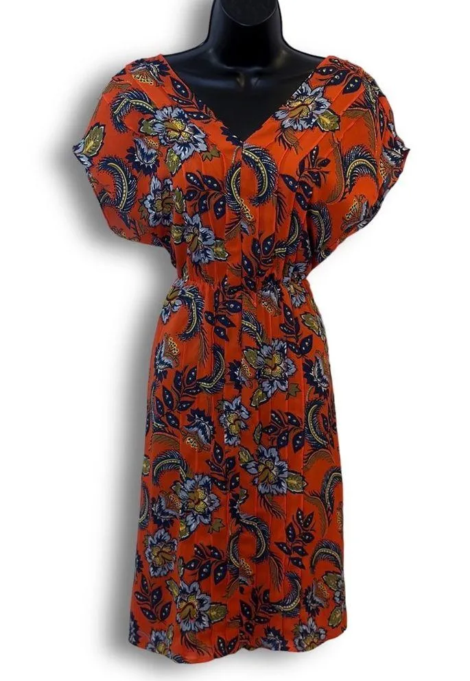 Lands'End  Orange Floral Pin-tuck V Neck Short Sleeve Midi Dress - Image 5