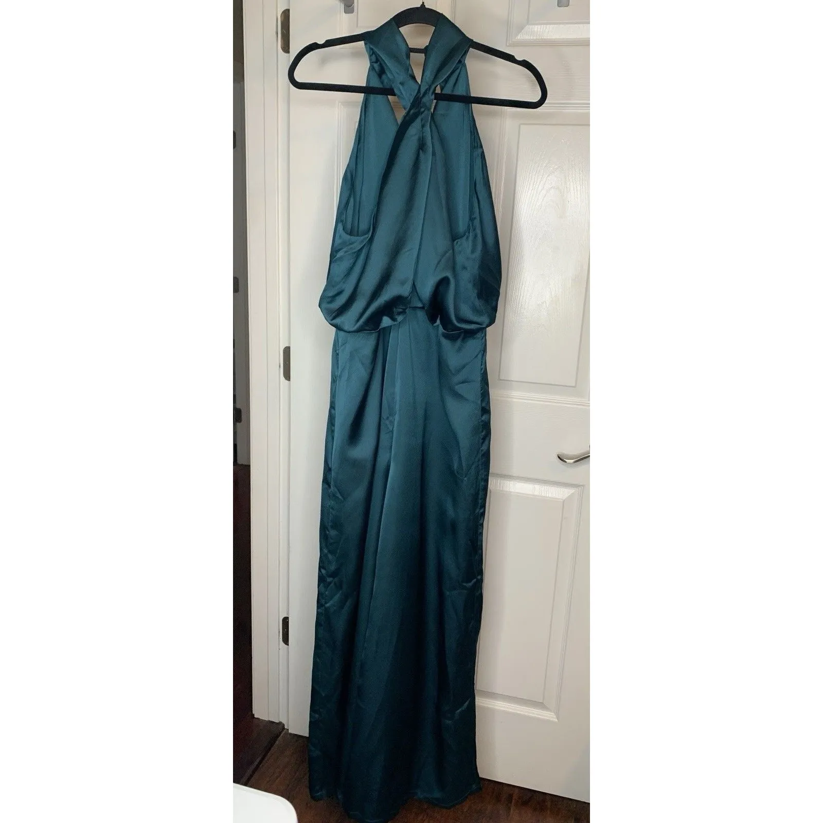 JJ’s House Halter Sleeve Satin Maxi Jumpsuit Romper #418670 Sz XL Peacock Satin - Image 6