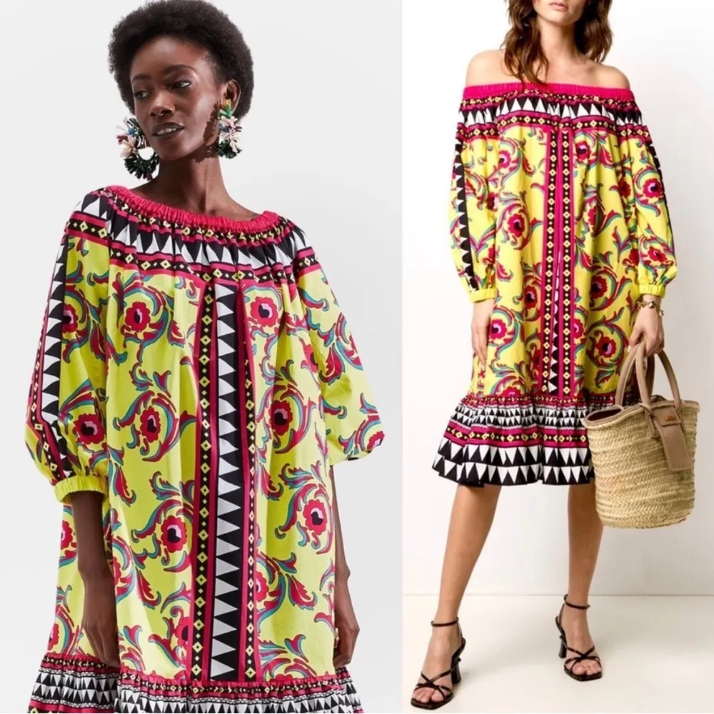 La DoubleJ Paloma short cotton trapeze dress in Cartwheel Giallo geometric print Yellow Size XL - Image 4