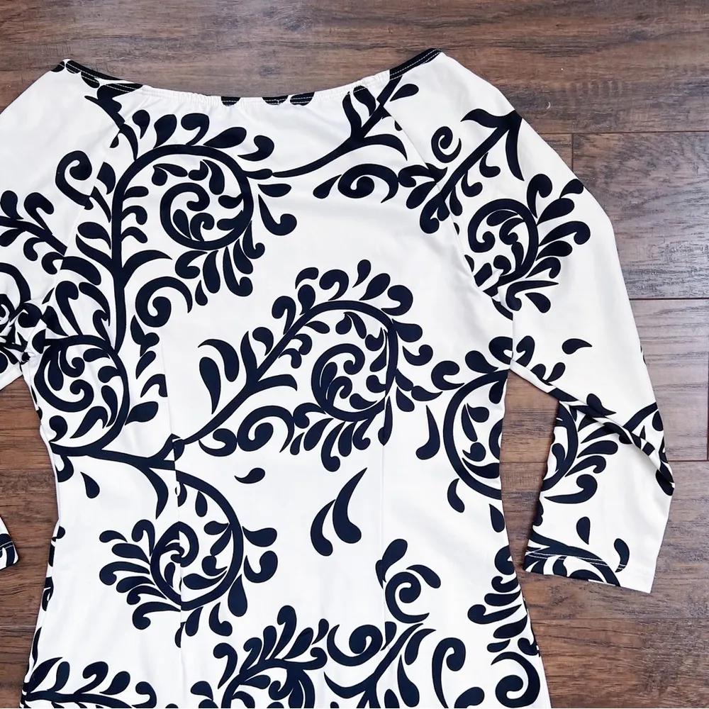 J McLaughlin • Mari Sheath Dress raglan sleeve cream black damask vine print - Image 8