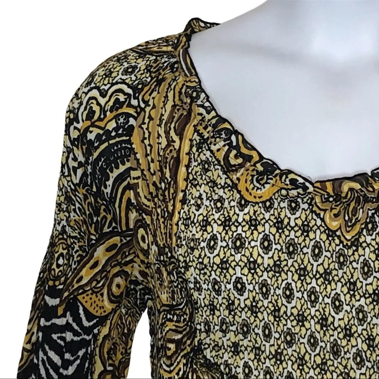 Sharagano Retro Crinkle Babydoll Blouse Brown Tan Textured Long Sleeve L - Image 5