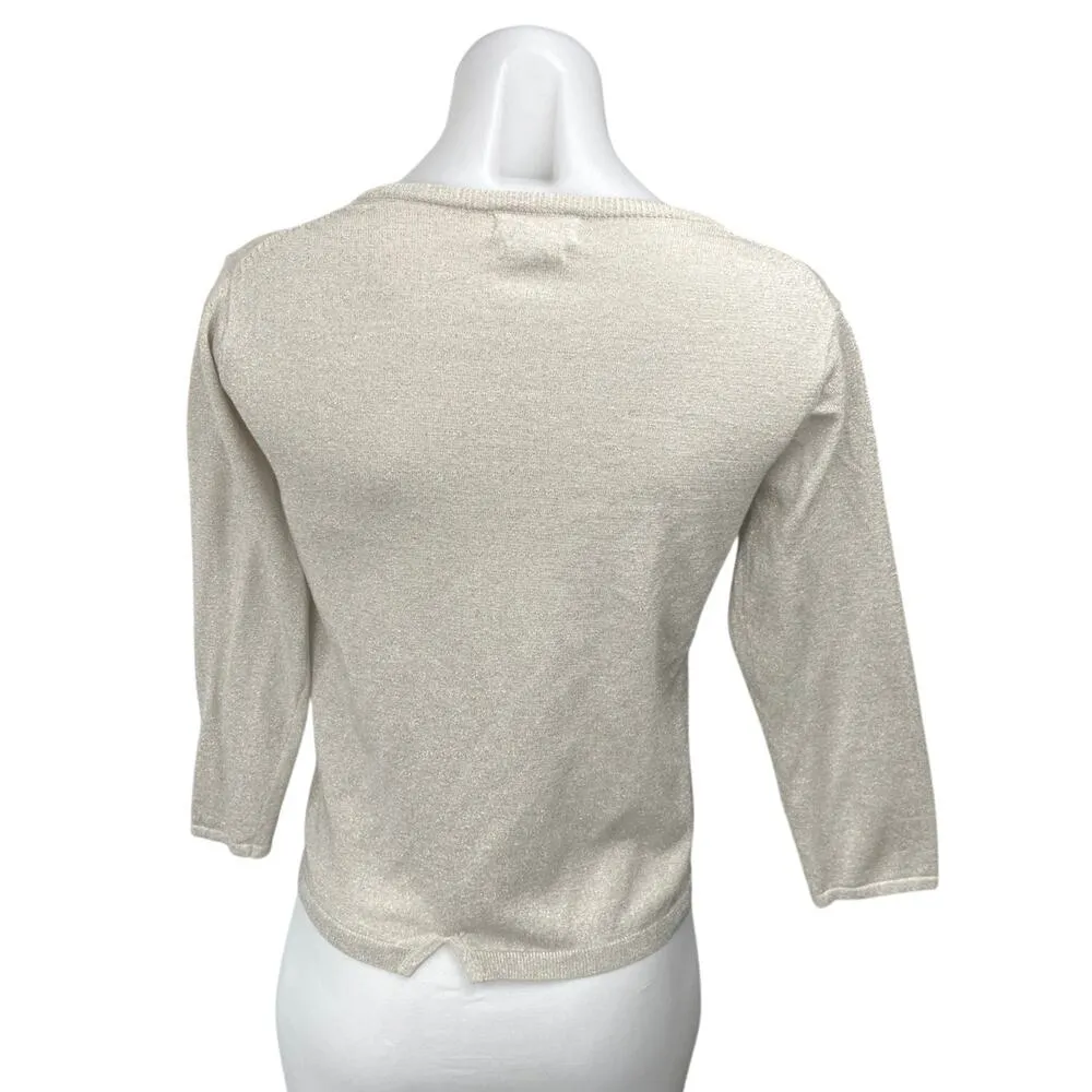 Nice Thing Mini Beige Metallic 3/4 Sleeve Button Crop Cardigan Sweater Top Sz 14 Gray - Image 2