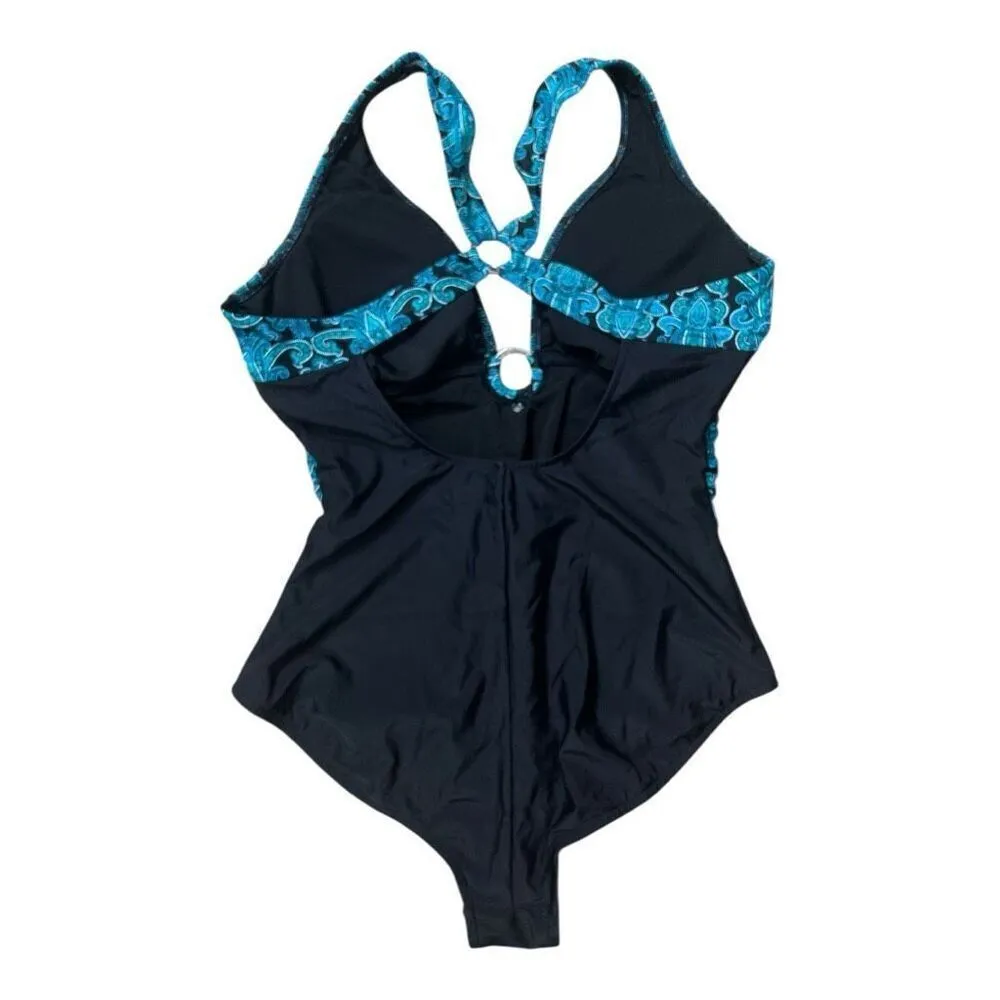 Venus Black Turquoise Print One-Piece Swimsuit Cross Strap Womens Plus Size 18 - Image 3
