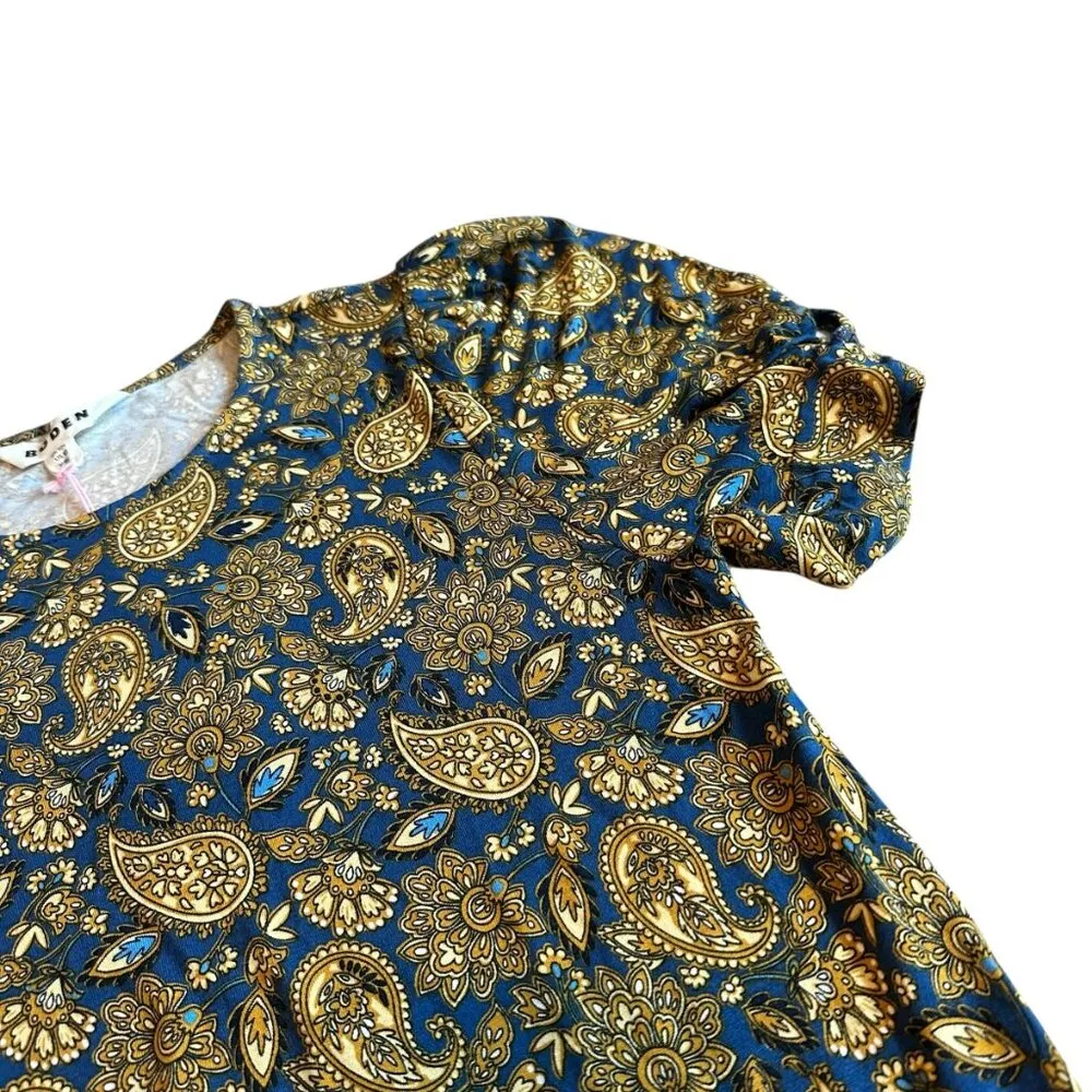 Boden Short Sleeve Jersey Knit Shirt Dress Stretch Gold Paisley Size 6R NWT Blue - Image 2