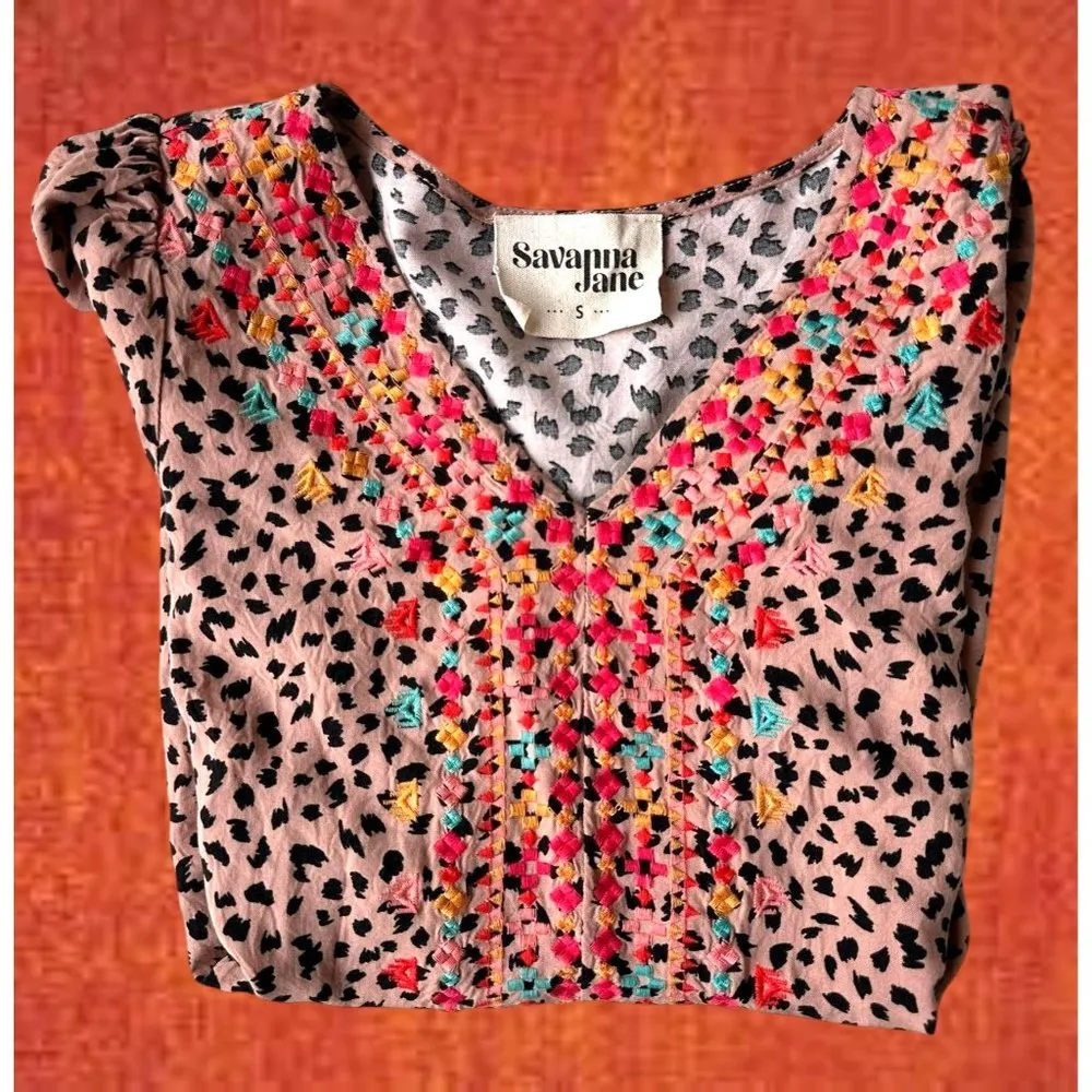 Savanna Jane Leopard Print Blouse Sz S Embroidered Artsy Flowy Sleeves Boho Fest Black - Image 3