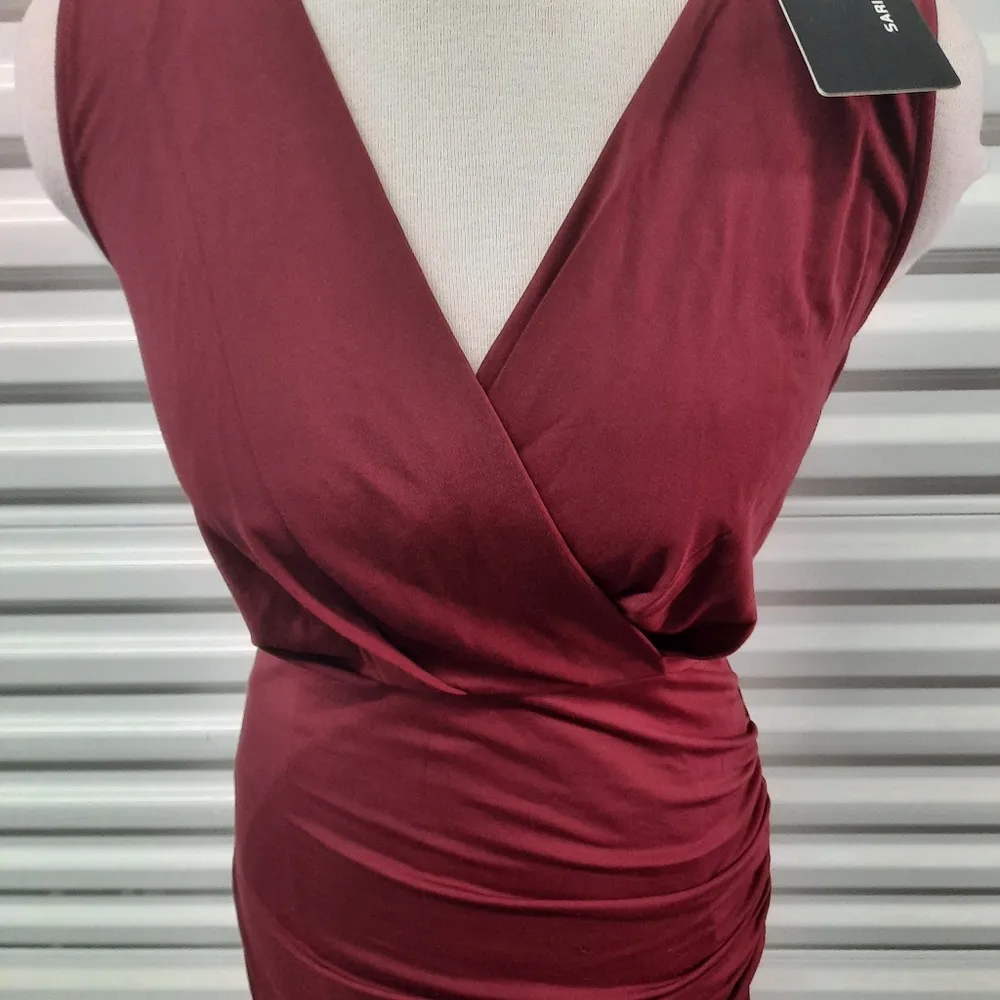Sarin Mathews Dress Women's Size Small Maroon Sleeveless Bodycon Faux Wrap - Image 4