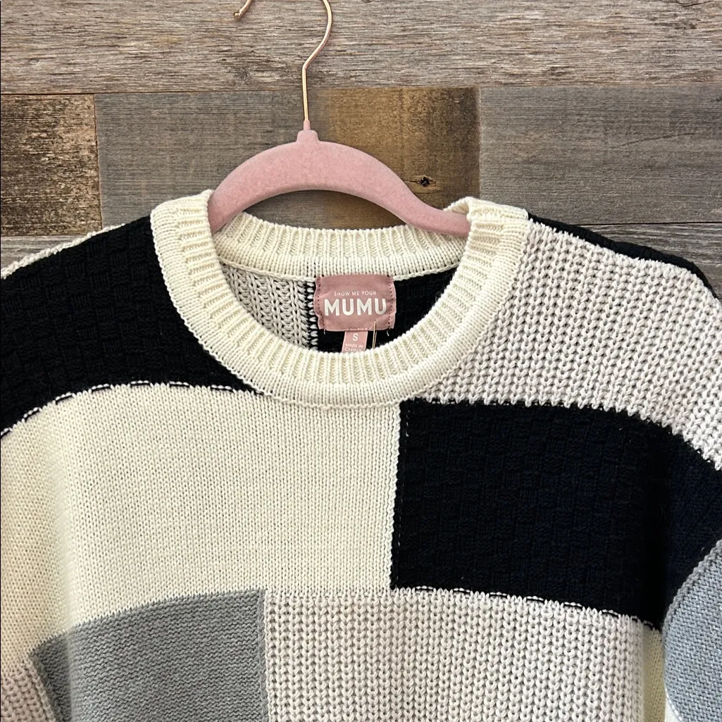 Show Me Your MuMu Ember Tunic Sweater in Gray Patchwork Knit Size Small NWT - Image 5