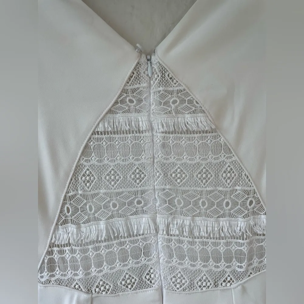 Badgley Mischka white, A-line, v neck wedding dress, cap sleeve, crochet back; 6 - Image 6