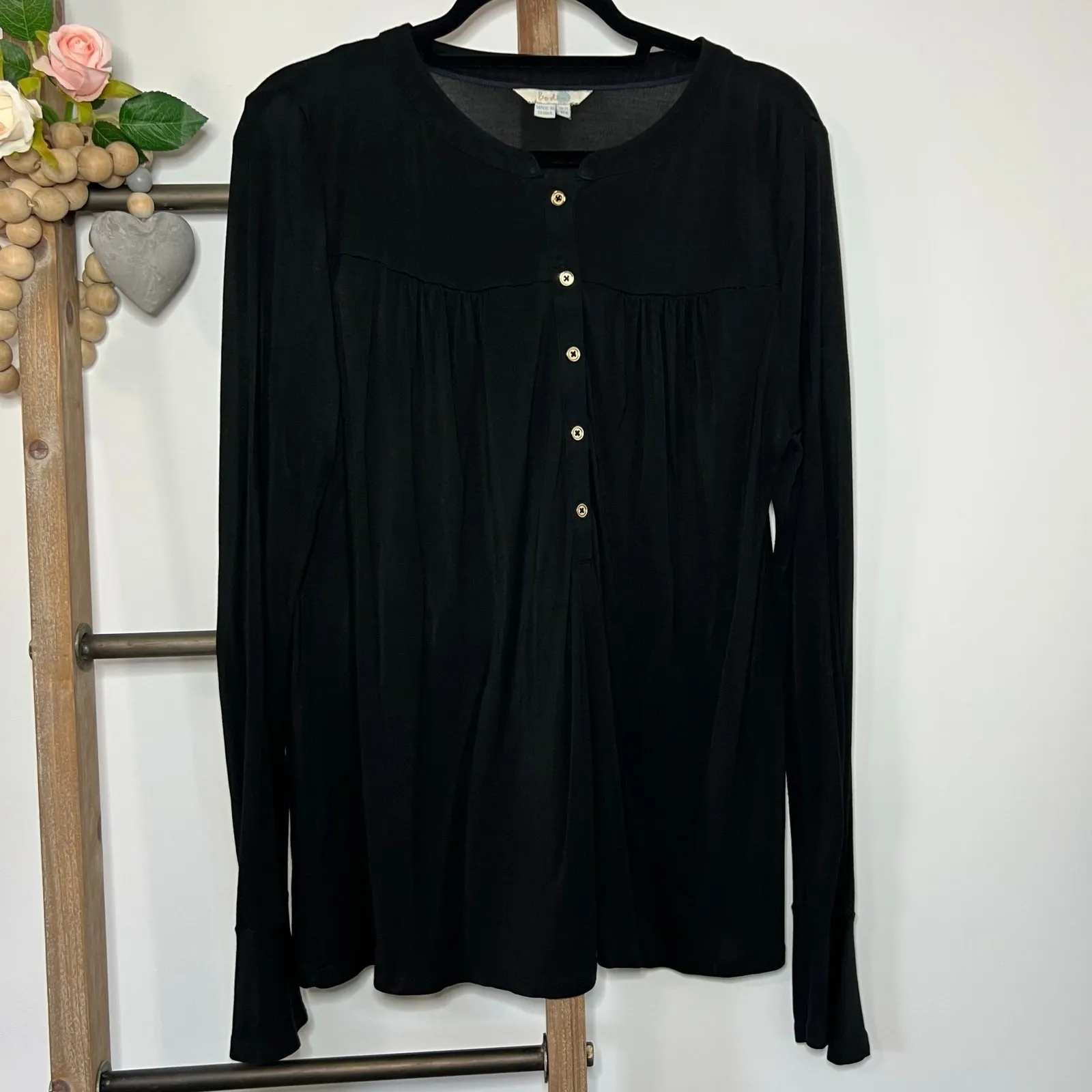Boden Black Button Front Gathered Yoke Long Sleeve Top US 10 Modal Blend - Image 3
