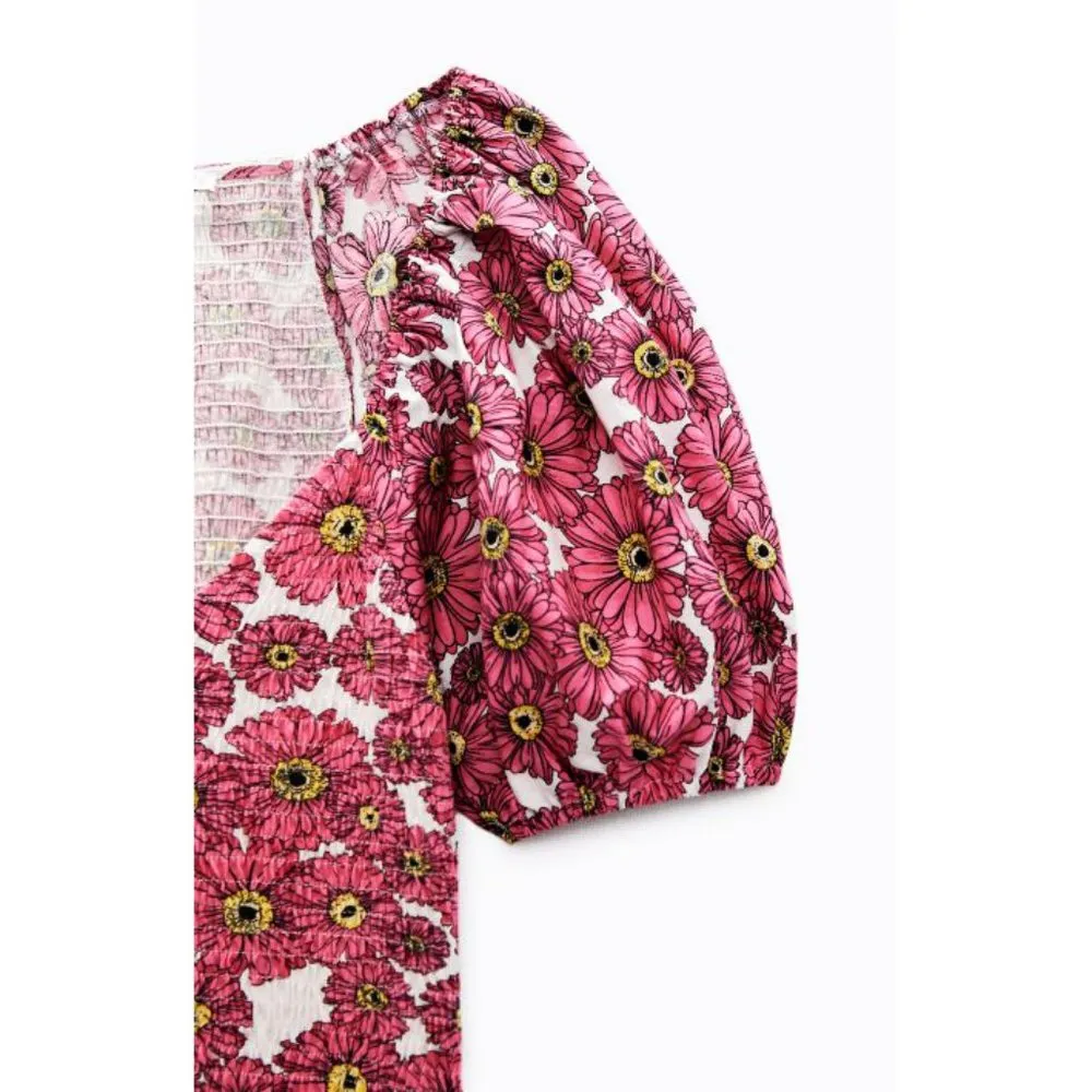 Floral Balloon Sleeve Dress Smocked Puff Princess Pink Sweetheart Bust Mini - Image 11