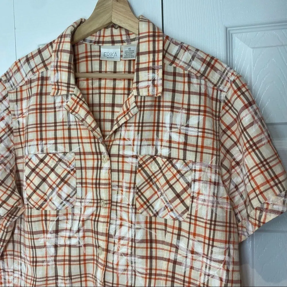 Erika Plaid Cotton Button up Orange Brown Beige Short Sleeve Shirt… - Image 6