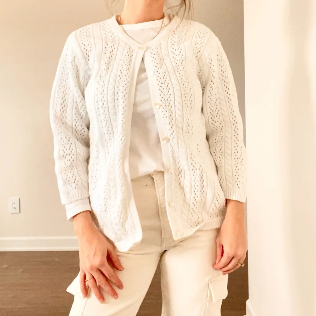 Vintage Eddie Bauer White Crochet Cardigan - Image 5